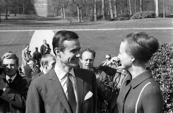Margrethe II of Denmark. Pictured with Henri de Laborde de Monpezat at Fredensborg palace in Copenhagen in the spring of 1967, where the couple announces their marriage to come on june 10 1967. At this time Margrethe was crownprincess and heir to the throne, she became Queen of Denmark 15 january 1972