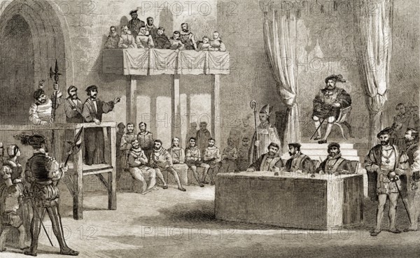 John Lamberts Prozess vor König Heinrich VIII., Westminster, England, 1538