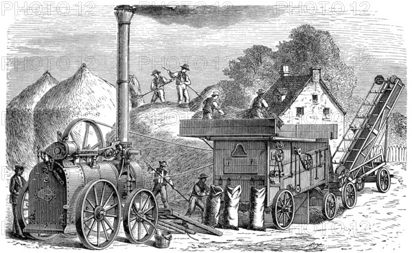Historical graphic representation, 1896, steam engine powering an old threshing machine, eine Dampfmaschine treibt eine alte Dreschmaschine an, historische Zeichnung, 1896