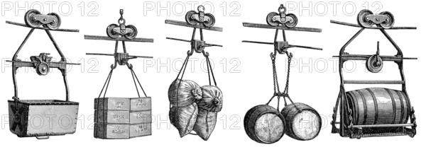 Historical illustration, 19th Century, Cable car transport systems, Fördergefäße und Lasten einer Seilbahn, historische Zeichnung, 19. Jahrhundert