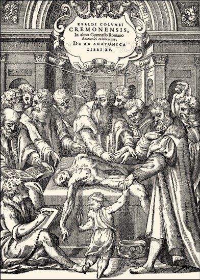 Title page from 1559, Realdo Colombo, anatomy lessons in the 16th century, Titelseite von 1559, Realdo Colombo, Anatomieunterricht im 16. Jahrhundert
