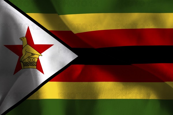The flag of Zimbabwe features green, yellow, red, black stripes and a white triangle with a red star and bird, Fabric Ruffled Flag Background