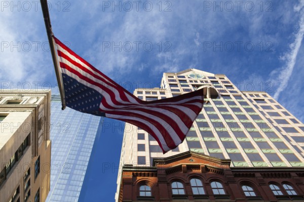 Skyward evening view of Boston skyscrapers, Massachusetts, USA