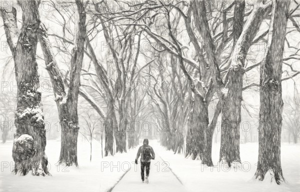 Lonely male figure walking in a blizzard - alley of old elm trees - historical Oval at Colorado State University campus, Fort Collins, a photo with digital painitng filter (charcoal)