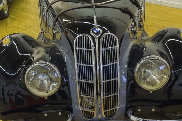 Moscow, Russia, November 10, 2018: Classic radiator grille for BMW cars. BMW 327 Coupe car (made in 1939) at the exhibition of old and rare cars