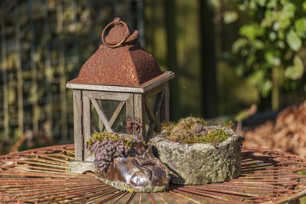 Rusty garden lantern and stones on a table decorated with moss, Weseke, Borken, westphalia, germany