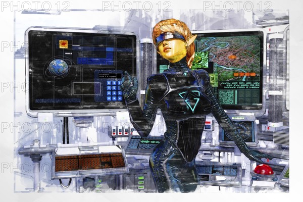 Artistic 3D illustration of a science-fiction female