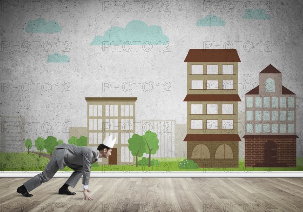 King businessman in elegant suit running and cityscape silhouette at background