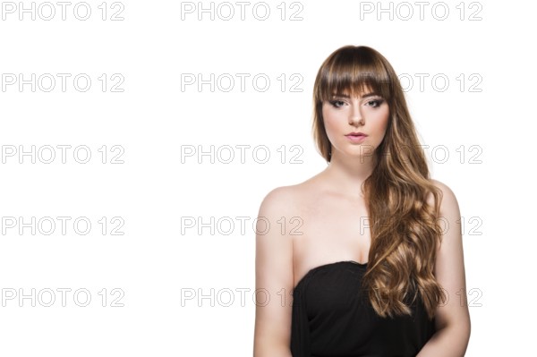 Portrait of beautiful female model on white background