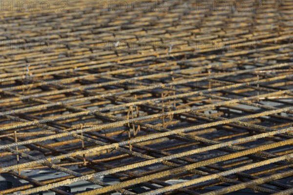 Close-up of steel reinforcement on the floor slab of a private home