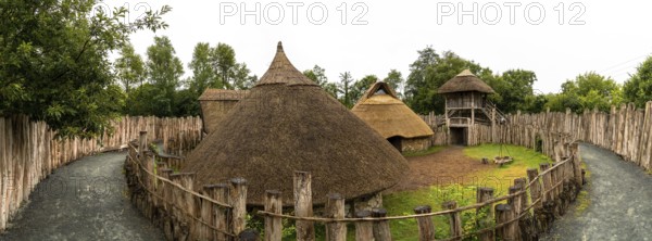 Wexford, Ireland, 18 August, 2022: panorama view of a reconstructed early medieval ringfort in the Irish National heritage Park