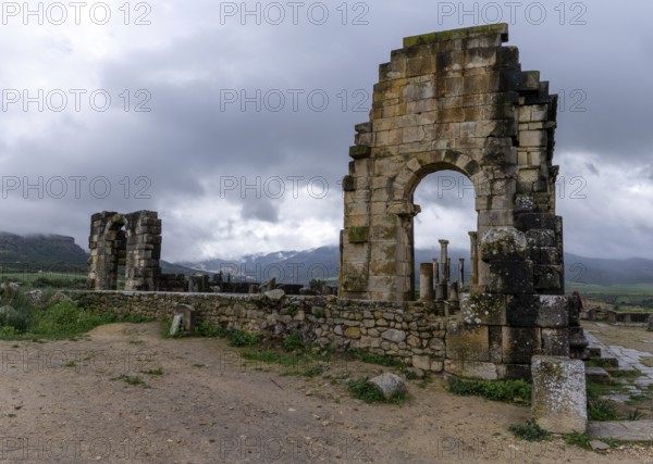Volubilis, Morocco, 3 March, 2024: view of the temple ruins in the Berber-Roman city of Volubilis near Meknes