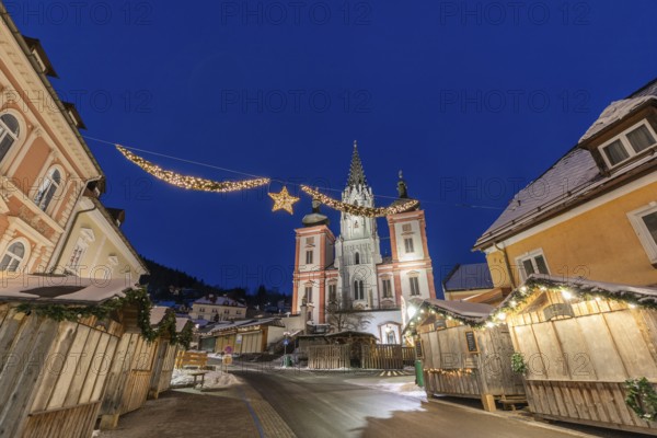 Advent atmosphere, pilgrimage church, basilica of Mariazell, blue hour in the early morning, Mariazell, Upper Styria, Styria, Austria