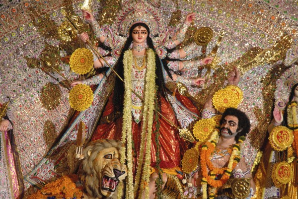 Goddess durga killing demon at Durgotsav Navratri Navaratri Bengal club, Shivaji park, Dadar, Bombay Mumbai, Maharashtra, India 2008