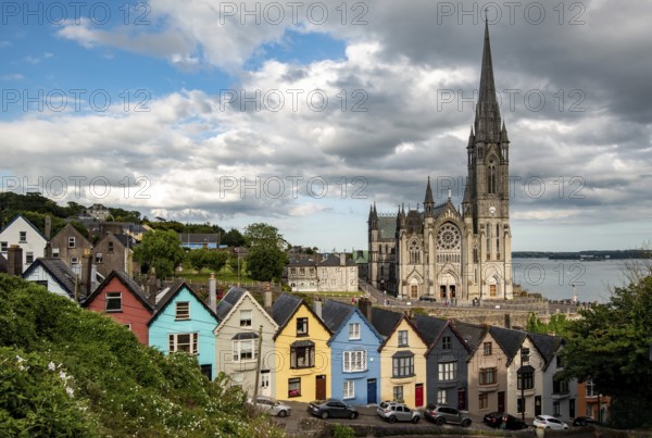 Deck of cards houses and st colmans cathedral at Cobh city Ireland Europe Cork County