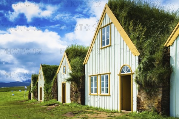 The village of ancestors in Iceland. The recreated village - museum of pioneers - Vikings. Houses are roofed by the turf