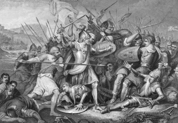 Battle of Agincourt in 1415 on engraving from the 1800s. Major English victory against a numerically superior French army in the Hundred Years War. Engraved by J.Rogers after a painting by J.H.Mortimer and published by J.& F.Tallis