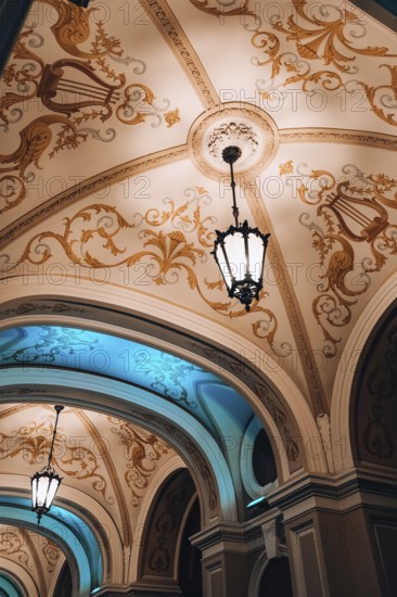 Low angle view of chandelier National Odessa National Academic Opera and Ballet Theatre at night. Architectural monument. Travel destination. Vacation Concept. Exterior Art building
