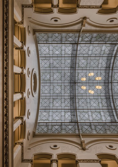 Brussels city center, Brussels Capital Region, Belgium, 03 02 2020 Art nouveau decorated ceiling with glass of the museum of the National Bank of Belgium