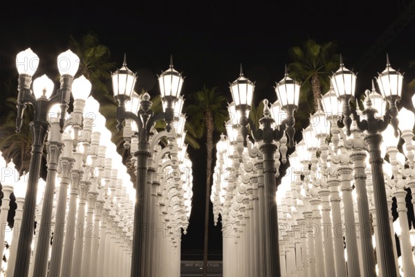 A picture of Urban Light, a public art designed by Chris Burden and unveiled in 2008, next to the Los Angeles County Museum of Art, at night