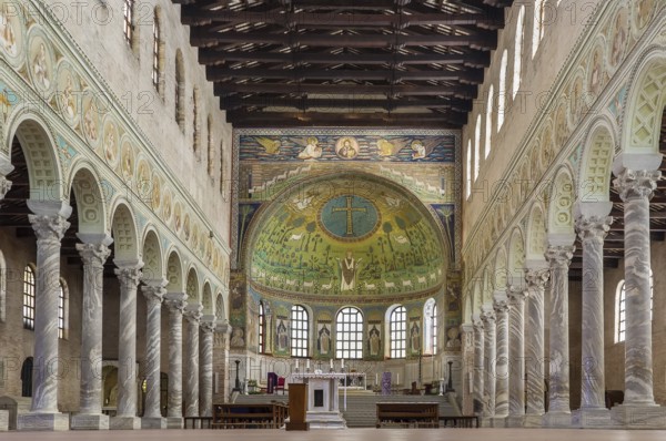 The Basilica of Sant' Apollinare in Classe is an important monument of Byzantine art near Ravenna, Italy. Interior of basilica