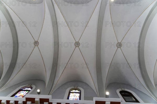 Sanctuary, Basilica of the Virgin of Charity of Cobre, Virgin de la Caridad del Cobre, near Santiago de Cuba, Province of Santiago de Cuba, Cuba, Central America, Vaulted church ceiling with minimalist and artistic elements and colourful windows, Cuba, Greater Antilles, Caribbean, America