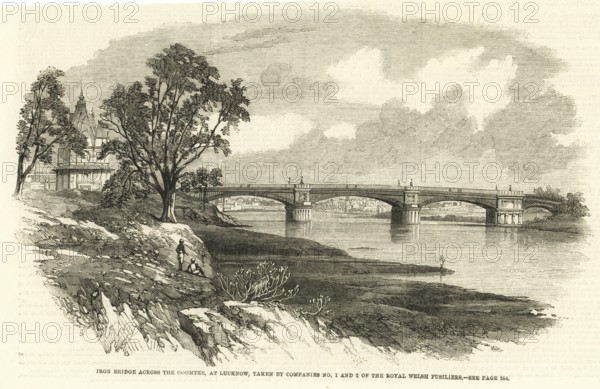 Iron bridge across Gomti Gomati river at Lucknow, taken by companies no. 1 and 2 of the royal welsh fusiliers, Uttar Pradesh