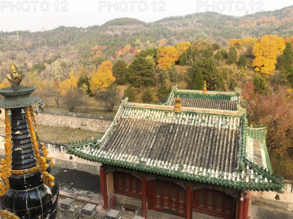 Aerial view of The Temple of Universal Happiness, Pule si, also called the round Pavillion, this structure was built in 1766. Little temple at the starting point for hammer rock hike, Chengde, China