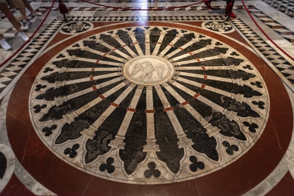SIENA, ITALY, SEPTEMBER 23, 2023, Unique marble inlays on the floor of the Siena cathedral in Italy