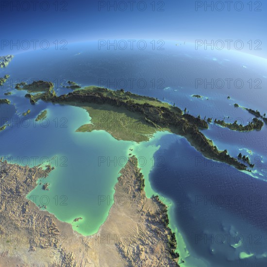 Highly detailed planet Earth in the morning. Exaggerated precise relief lit morning sun. Detailed Earth. Australia and Papua New Guinea. Elements of this image furnished by NASA