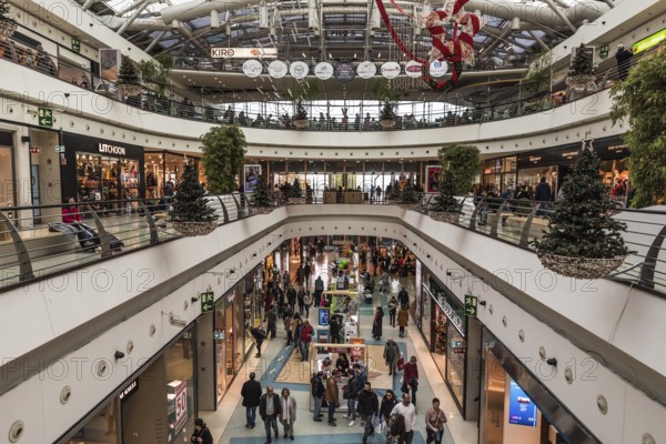 Lisbon, Portugal, 12 28 2018: Contemporary interior design of the Vasco da Gama shopping mall with Christmas decoration