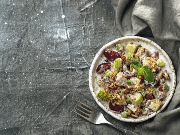 Waldorf salad with copy space. American fruit and nut salad with apples, celery, grapes, chicken meat, dressed mayonnaise. Craft plate with ready-to-eat waldorf salad on gray background. Top view