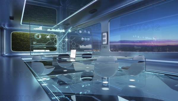 Modern sci-fi futuristic interior office design with green wall plant and beautiful night scene cityscape view. 3d rendering
