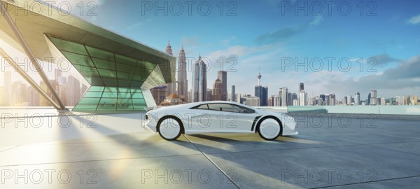 Empty cement floor with modern building exterior and brandless electric EV car. 3d rendering