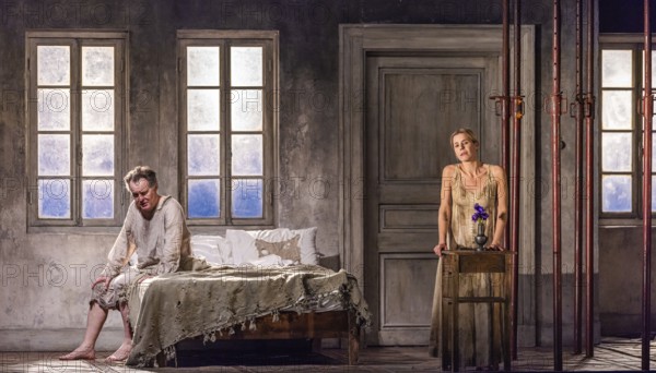 BERLIN, Germany - January 2024: Written on Skin - Opera in three parts by George Benjamin in a production by Katie Mitchell. Text by Martin Crimp after the anonymous Occitan text Guillem de Cabestanh - Le cœur mangé from the 13th century World premiere on 7 July 2012 at the Grand Théâtre de Provence in Aix-en-Provence. Media rehearsal on 23 January 2024 at the Deutsche Oper in Berlin Performers: Protector: Mark Stone Agnès: Georgia Jarman First Angel / The Boy: Aryeh Nussbaum Cohen Second Angel / Marie: Anna Werle Third Angel / John: Chance Jonas-O'Toole, Berlin