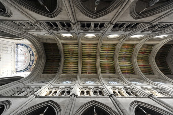 Catedral de Nuestra Señora de la Almudena, Santa María la Real de La Almudena, Almudena Cathedral, Madrid, Spain, Europe, Gothic church ceiling with coloured glass and textured arches and columns