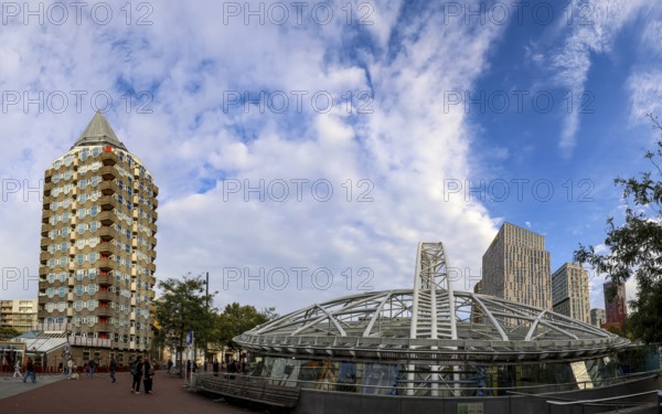 Skyscraper pencil tower and modern metal construction of Rotterdam Blaak metro station, Rotterdam, South Holland, Netherlands