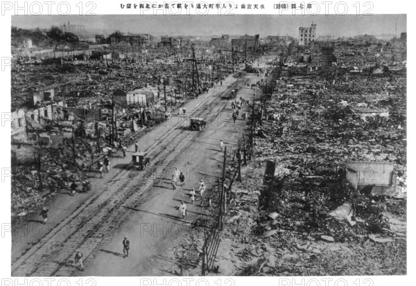 The Great Kanto earthquake (????? Kanto daishinsai) struck the Kanto Plain on the Japanese main island of Honshu at 11:58 in the morning on Saturday, September 1, 1923. Varied accounts indicate the duration of the earthquake was between four and 10 minutes. The 2011 Tohoku earthquake later surpassed that record, at magnitude 9.0.<br/><br/> The earthquake had a magnitude of 7.9 on the Moment magnitude scale (Mw), with its focus deep beneath Izu Oshima Island in the Sagami Bay. The cause was a rupture of part of the convergent boundary where the Philippine Sea Plate is subducting beneath the Okhotsk Plate along the line of the Sagami Trough.<br/><br/> This earthquake devastated Tokyo, the port city of Yokohama, and the surrounding prefectures of Chiba, Kanagawa, and Shizuoka, and caused widespread damage throughout the Kanto region. The power was so great in Kamakura, over 60 km (37 mi) from the epicenter, it moved the Great Buddha statue, which weighs about 93 short tons (84, 000 kg), a...