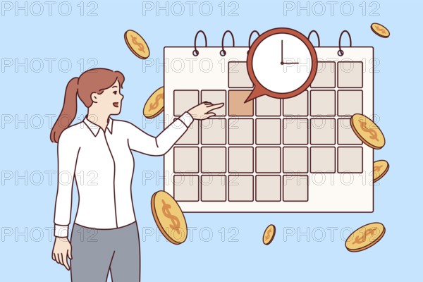 Payment calendar near business woman studying schedule of mandatory expenses and interest payments on loan. Payment calendar to avoid violation of financial or credit obligations resulting in fine