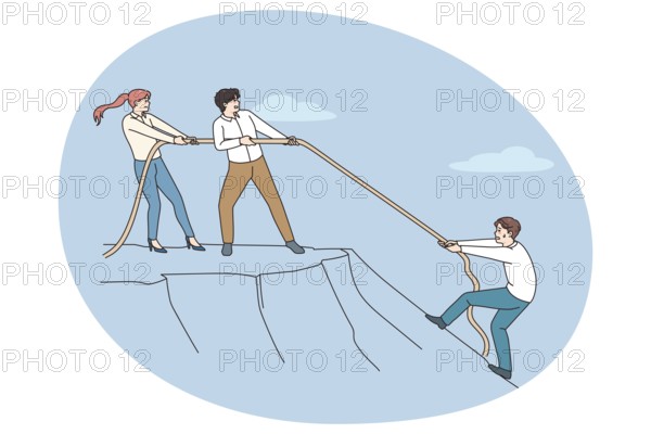 Diverse employees throw rope help colleague climb up hill. Coworkers help person showing support and unity. Concept of teamwork and collaboration at workplace. Vector illustration