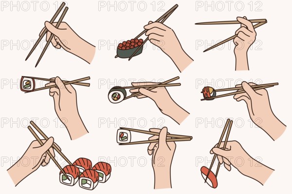 Collection of people hold chopsticks eating sushi. Set of persons enjoy traditional Japanese food. Japan cuisine culture and tradition. Flat illustration