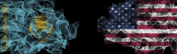 Flags of Kazakhstan and USA on Black background, Kazakhstan vs USA Smoke Flags