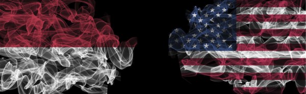 Flags of Indonesia and USA on Black background, Indonesia vs USA Smoke Flags