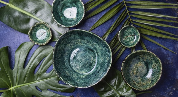 Food, Background with empty green plates over tropical palm tree leaves and monstera