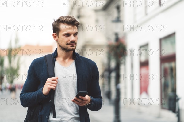 Beautiful caucasian man living in the city. Man spending his day in the city, sun is shining, weather is nice. Young millennial person living in the city, doing his daily errands always using his digital devices, tablet or phone
