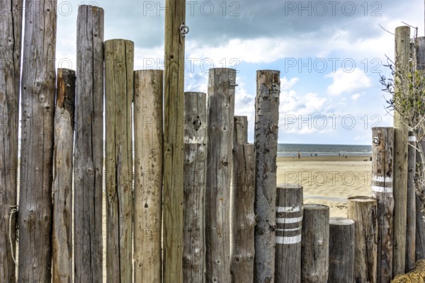 Wooden decorative fence at the seaside with seaview and sandy beach in Holland. Wooden decorative fence at the seaside with seaview and sandy beach