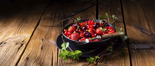 Bowl with different fruits such as strawberry, red currant, and cherry