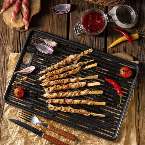 Fresh and crispy rustic pork belly grill sticks