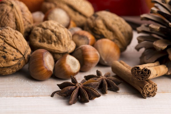 Different kinds of spices, nuts and dried oranges - christmas decoration, lodz, poland