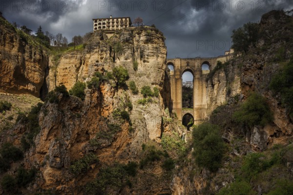 Spain, Ronda, picturesque Andalucia landscape with Puente Nuevo bridge over the El Tajo gorge